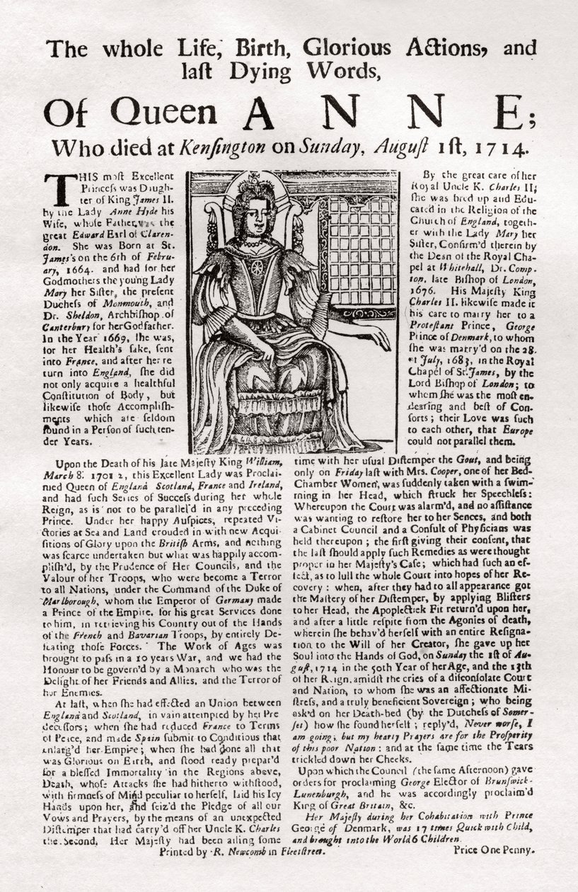 Pamflet gepubliceerd bij de dood van koningin Anne, 1714 door Unbekannt