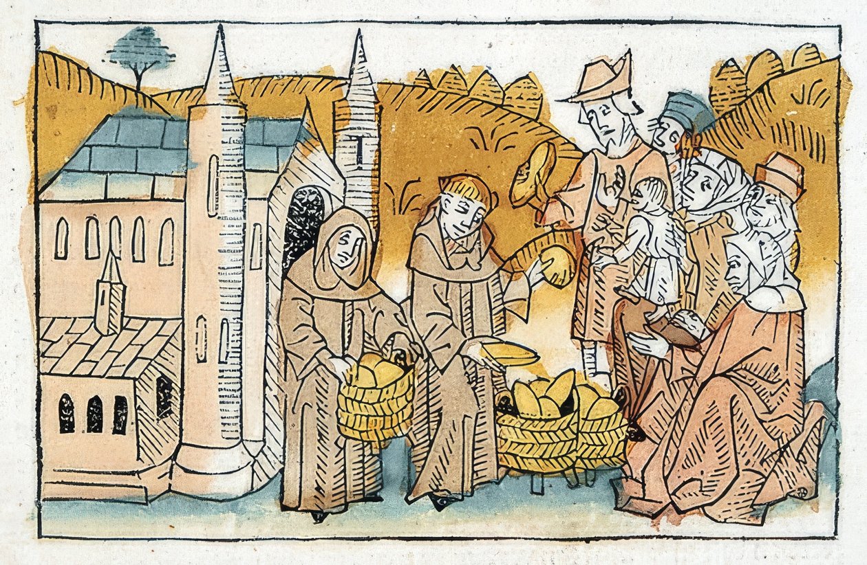 Brooduitdeling door kloosterbroeders aan armen. Circa 1477 door Unbekannt