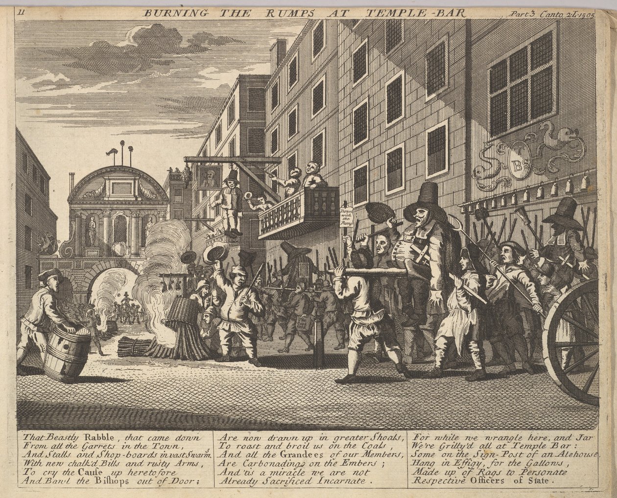 Het verbranden van de Rumps bij Temple Bar Plaat 11: Illustraties bij Samuel Butlers Hudibras door Unbekannt