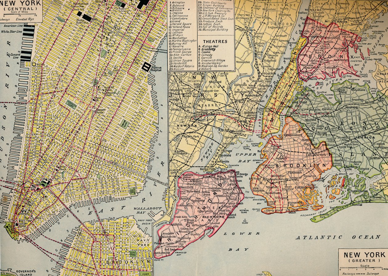 Zakencentrum van New York aan het zeewaartse einde van Manhattan en omgeving, ca. 1930s door Unbekannt