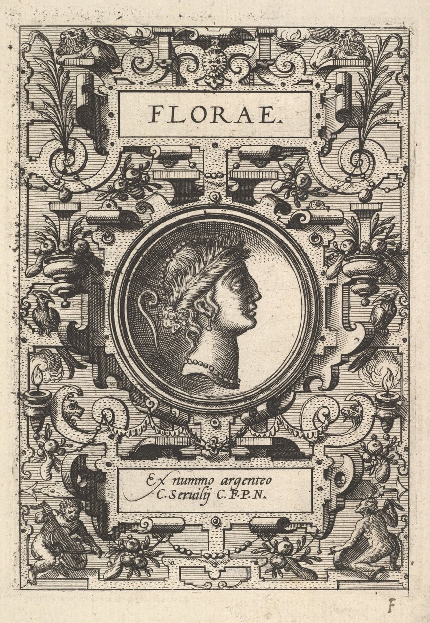 Buste van Florae omringd door bandwerk, uit de serie Deorum dearumque door Unbekannt