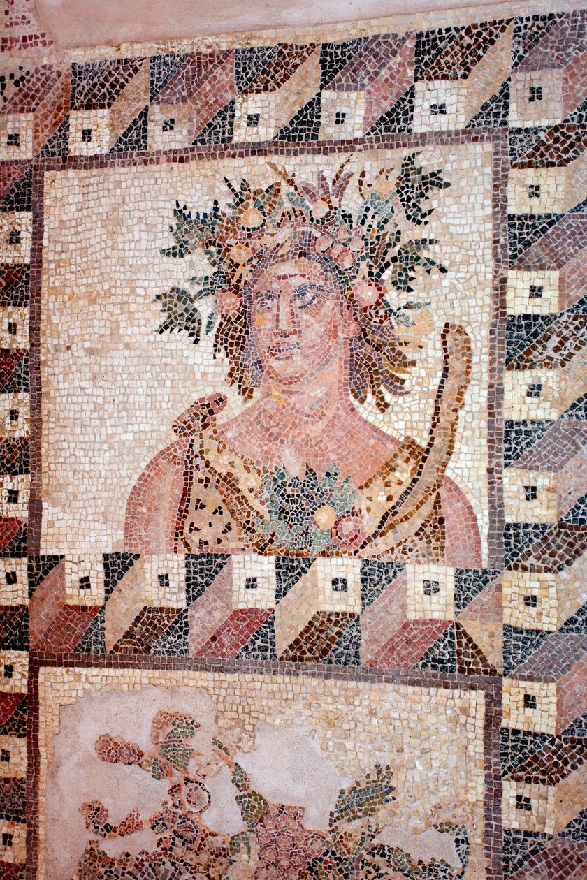 Buste van de lente - Detail van het paneel van de vier seizoenen - Paphos mozaïeken, Huis van Dionysos - Einde van de 2e eeuw na Christus - Cyprus door Unbekannt