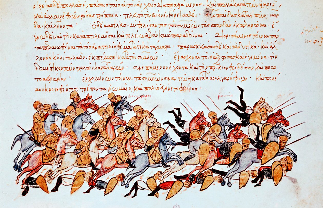 Byzantijnse ruiters overweldigen vijandelijke cavalerie en voetsoldaten door Unbekannt