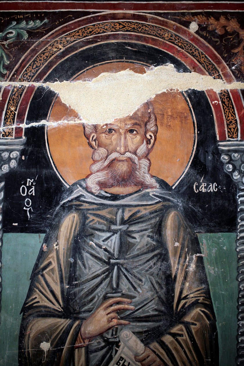 Byzantijnse fresco uit de 15e eeuw (detail) Sint Sabas Muurschildering Michael Aartsengel Kapel, Galata dorp Cyprus Geschilderde kerken UNESCO site Troodos, Cyprus door Unbekannt