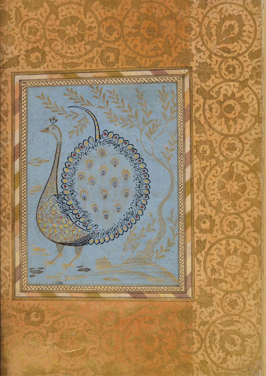 Kalligrafische compositie in de vorm van een pauw, Folio uit het Bellini Album door Unbekannt