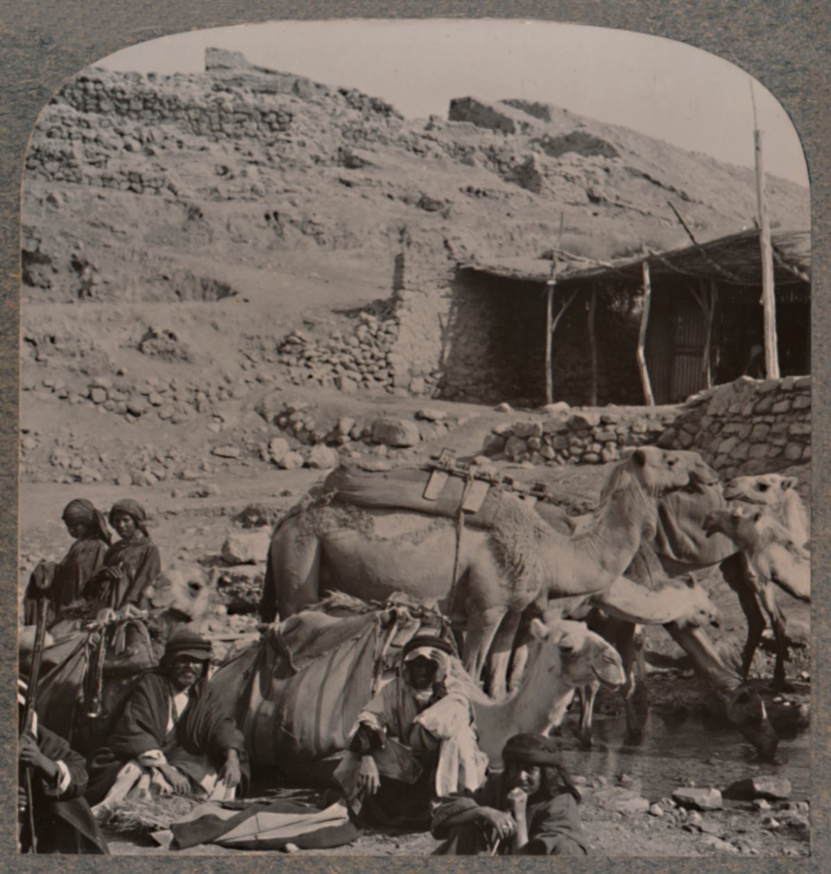 Kameelkaravaan uit Jerash, drinkend bij de Fontein van Elisa, ca. 1900 door Unbekannt