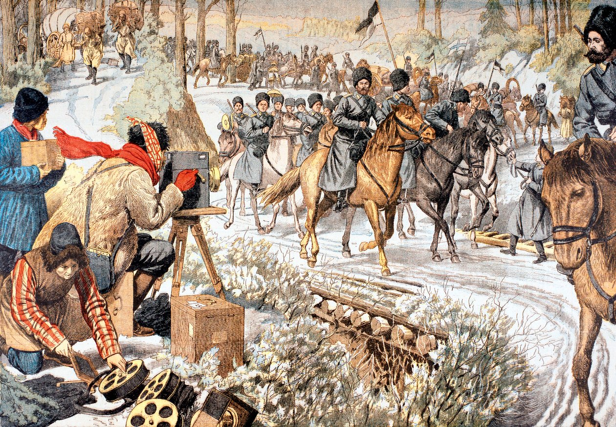 Cameraman filmt Russische troepen in Mantsjoerije voor een vroege nieuwsfilm, Russisch-Japanse Oorlog, 1904 door Unbekannt