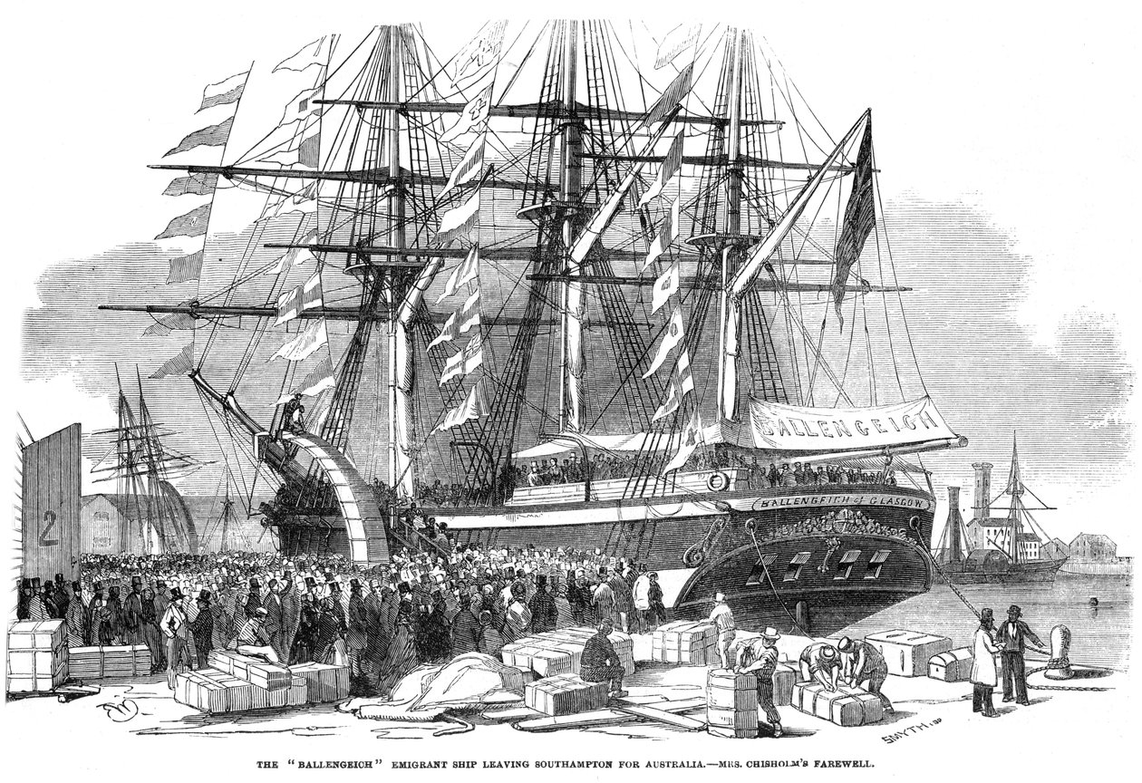 Caroline Chisholm spreekt een menigte toe vanaf het emigrantenschip Ballengeich, 1852 door Unbekannt