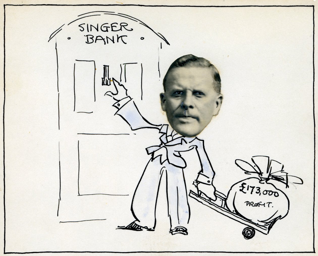 Cartoon van directeur William E Bullock, Singer & Company Ltd door Unbekannt