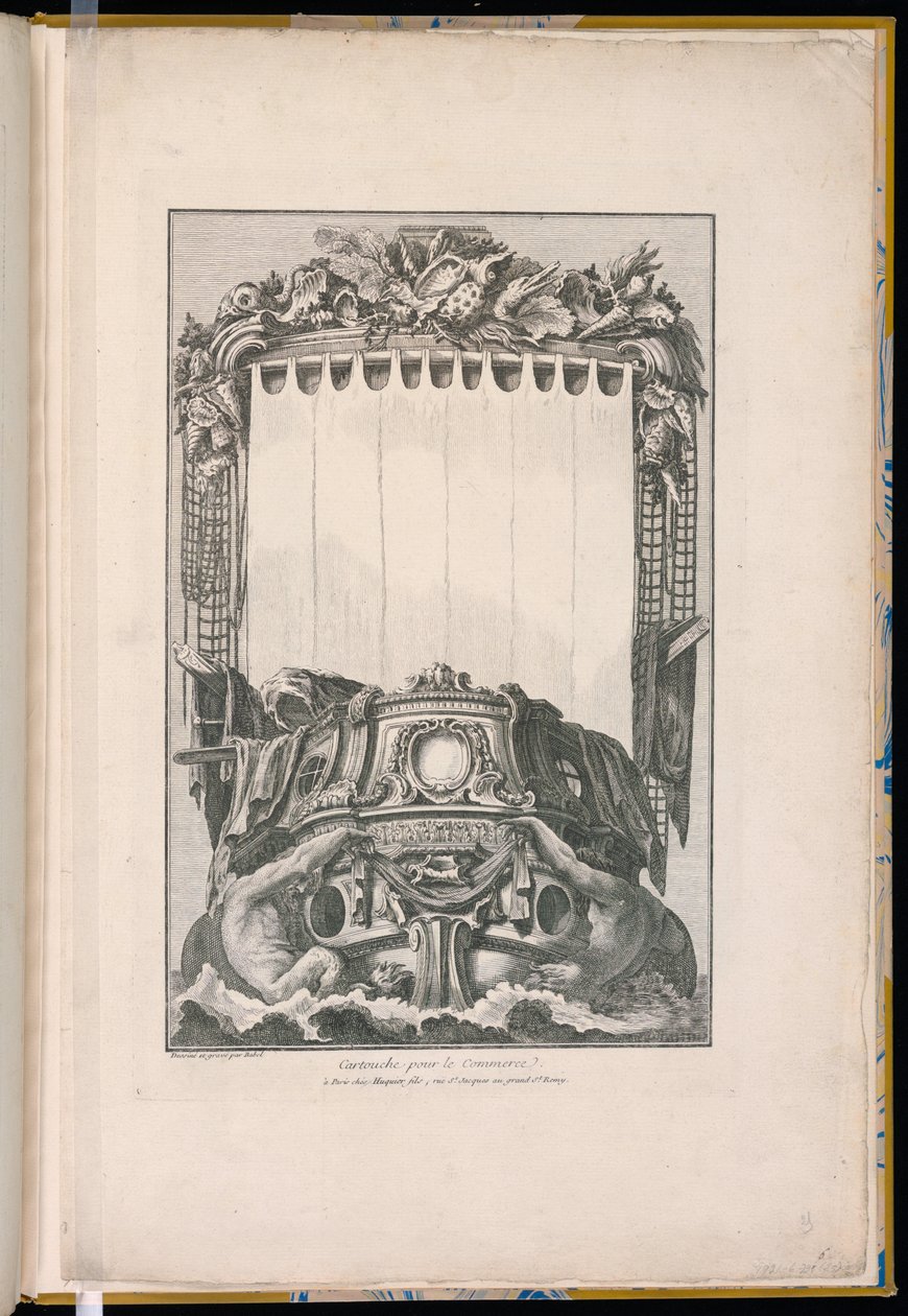 Cartouche in de vorm van een slak bovenop een schip door Unbekannt