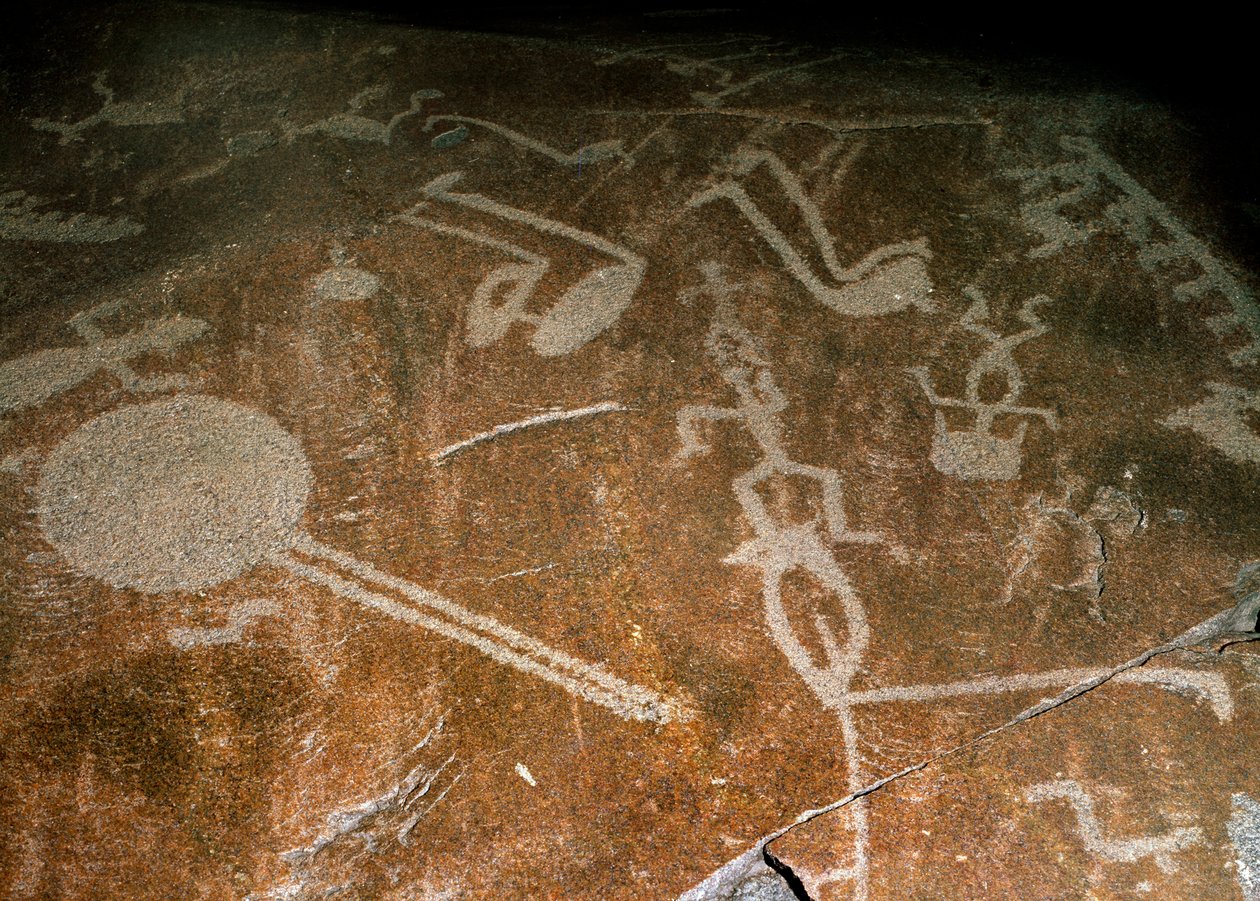 Gehouwen Petroglyfen Mensen, herten, elanden, vogels, laarzen en cirkels, 4e-3e millennium v.Chr. door Unbekannt