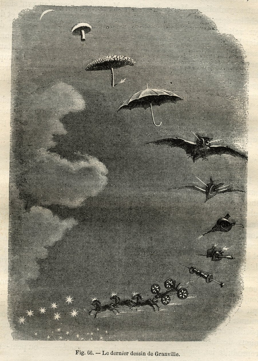 Hemelse metamorfose: De droom van een jong meisje dat naar de maan kijkt, die verandert in een paddenstoel, paraplu, vleermuis... en uiteindelijk in een tank van de Grote Beer (laatste tekening door Jean-Isidore Gerard, alias J.J. Grandville) door Unbekannt