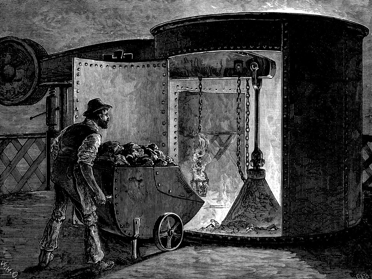 Het laden van een hoogoven bij de Govan Iron Works, Schotland, ca. 1885 door Unbekannt