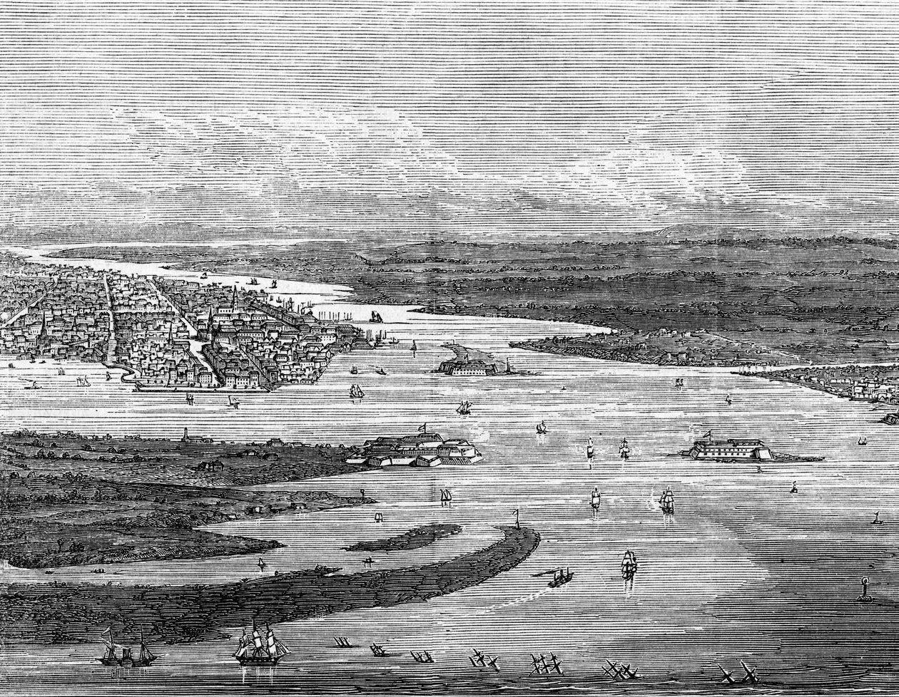 Haven van Charleston, South Carolina, met gezonken schepen door Unbekannt
