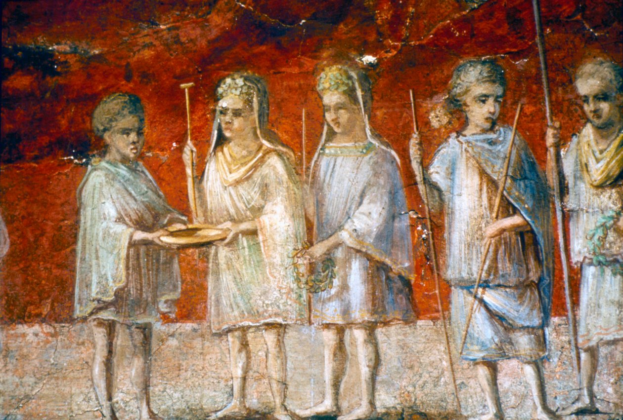 Kinderen in religieuze processie, Romeinse muurschildering uit Ostia, ca. 2e-3e eeuw door Unbekannt