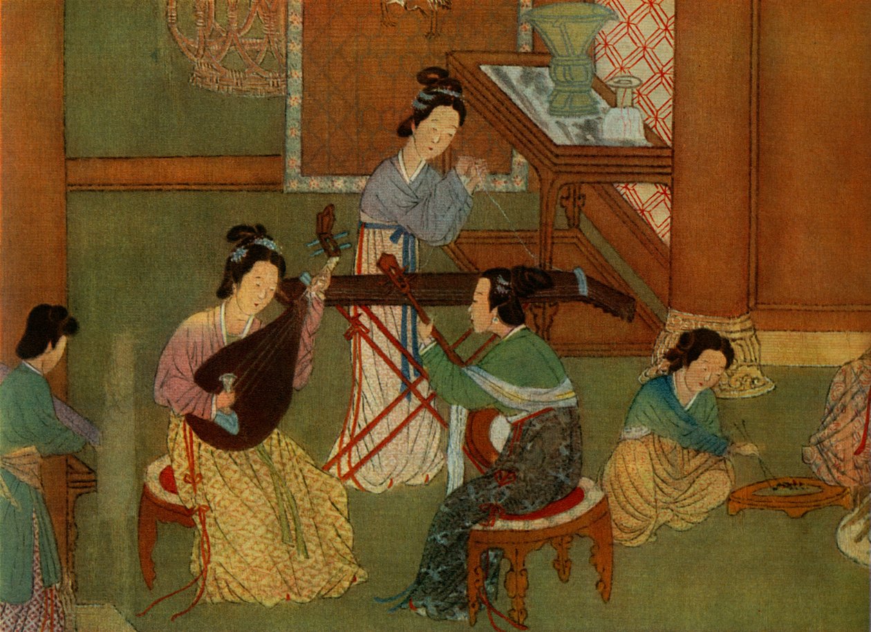 Chinese luit pi-pa, maangitaar yue-chin en tafelciter tchin, detail van een schilderij op zijde door Unbekannt