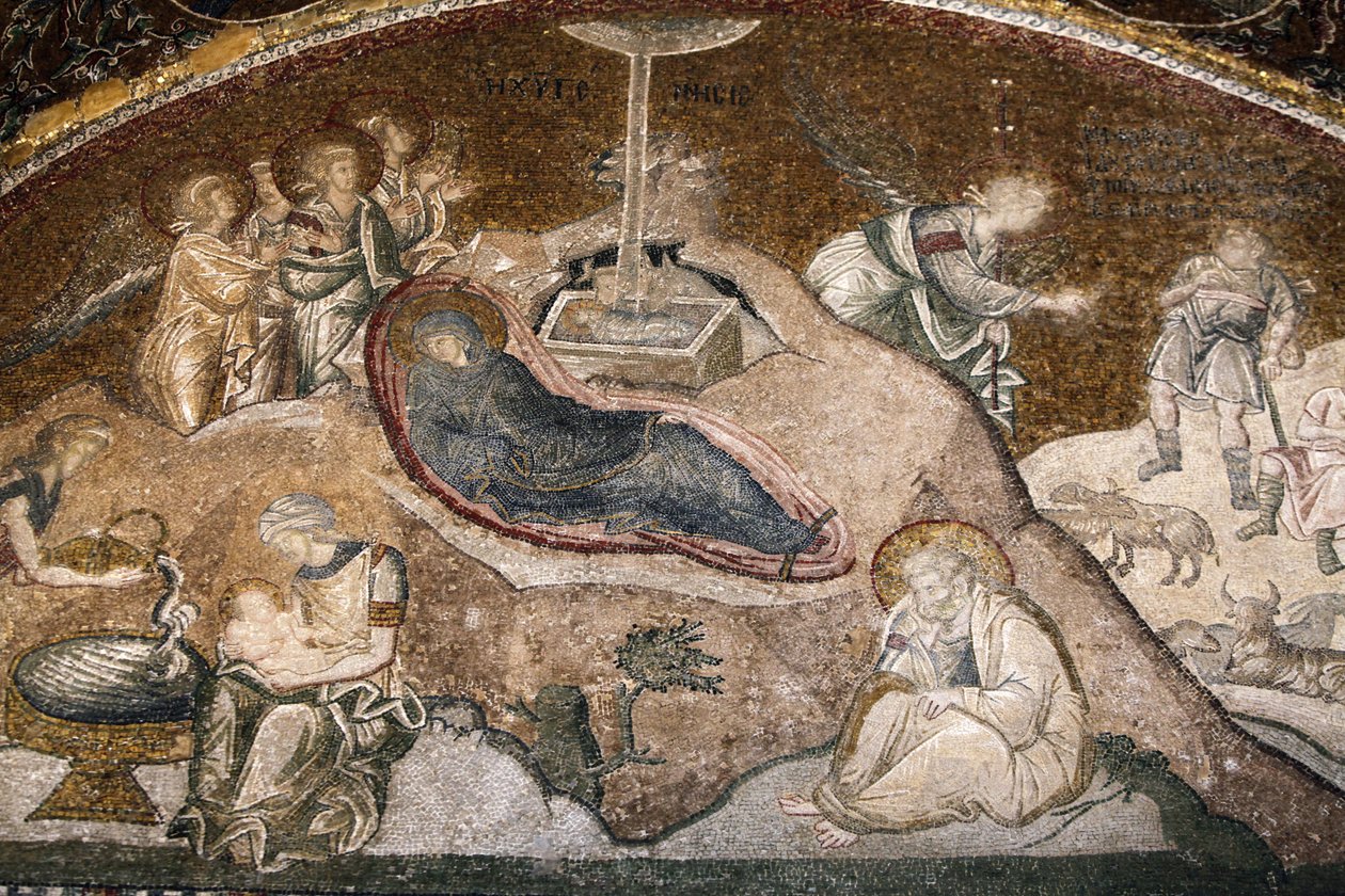 Chorakerk museum: geboorte van Jezus mozaïek (Maria rust na de bevalling, Jozef zit), Istanbul, Turkije door Unbekannt