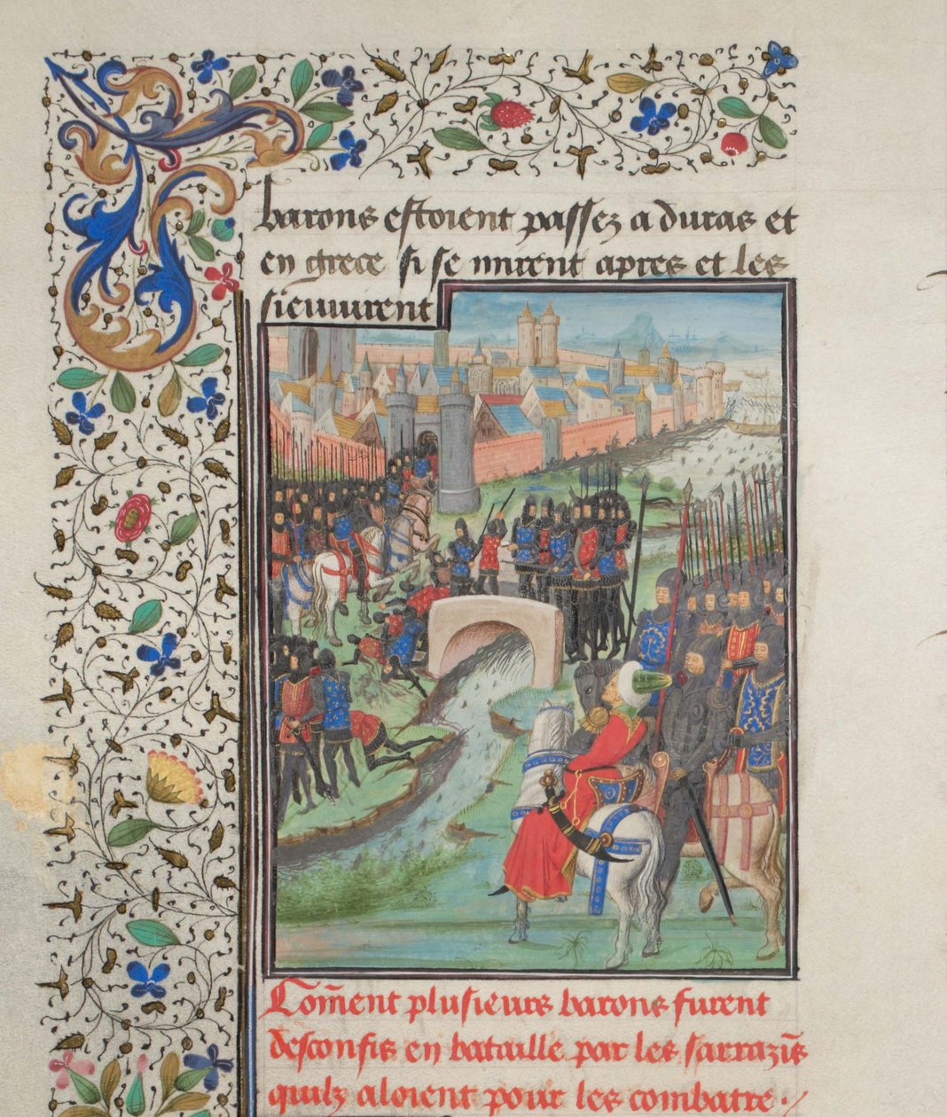 Botsing van het leger van de baronnen en de Saracenen. Miniatuur uit de Historia van Willem van Tyrus, 1460s door Unbekannt