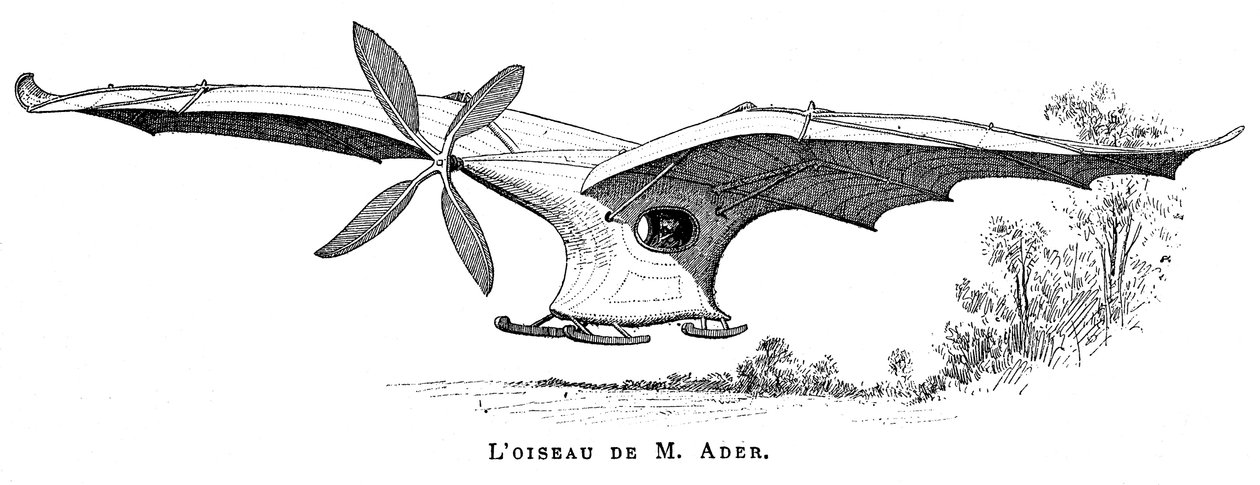 Clement Aders vliegende vogel Eole, het eerste bemande vliegtuig dat op eigen kracht opsteeg, 1890 door Unbekannt