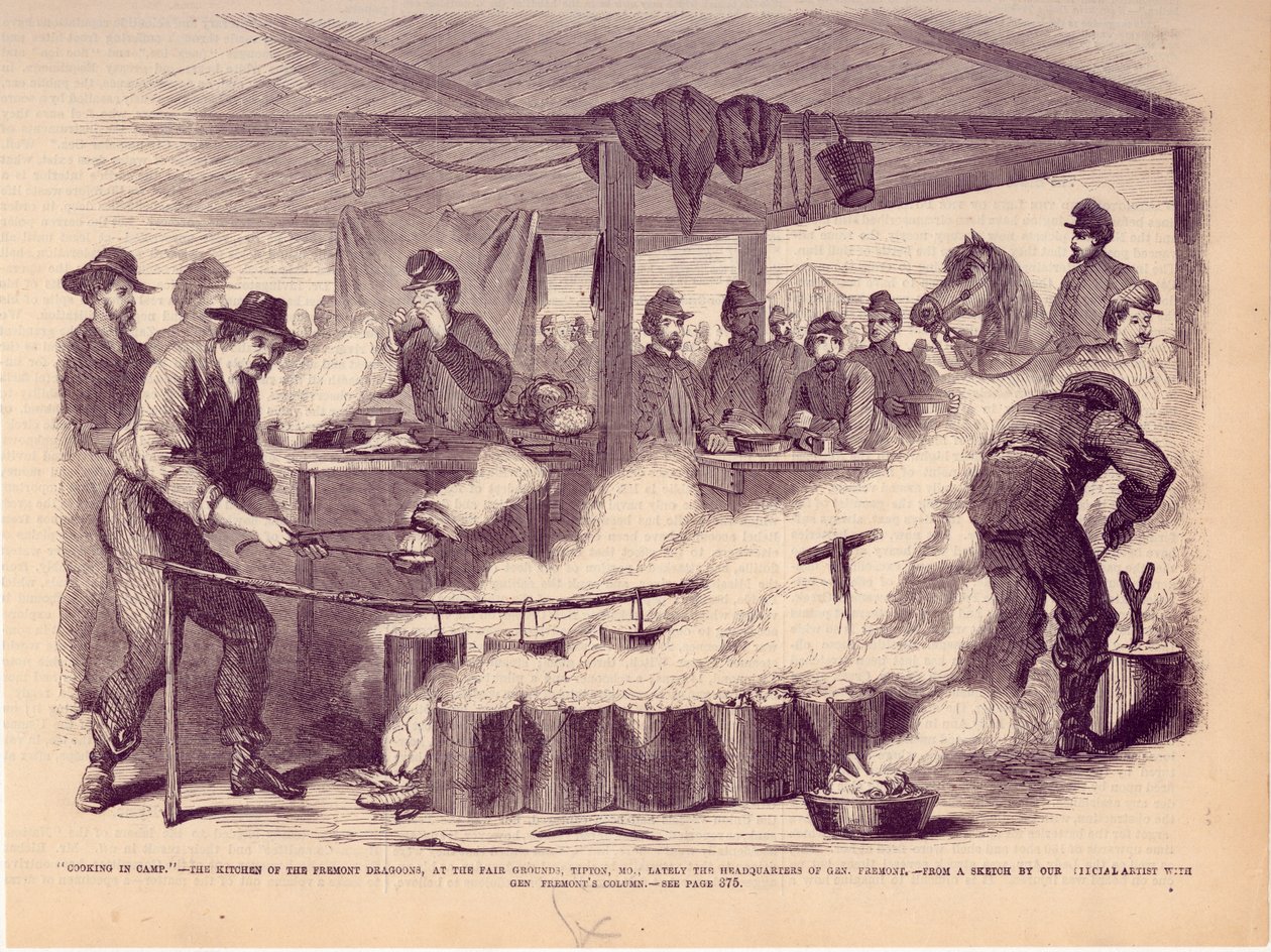Koken in het kamp - De keuken van de Fremont Dragoons, op de kermisterreinen, Tipton, MO., onlangs het hoofdkwartier van Gen. Fremont door Unbekannt