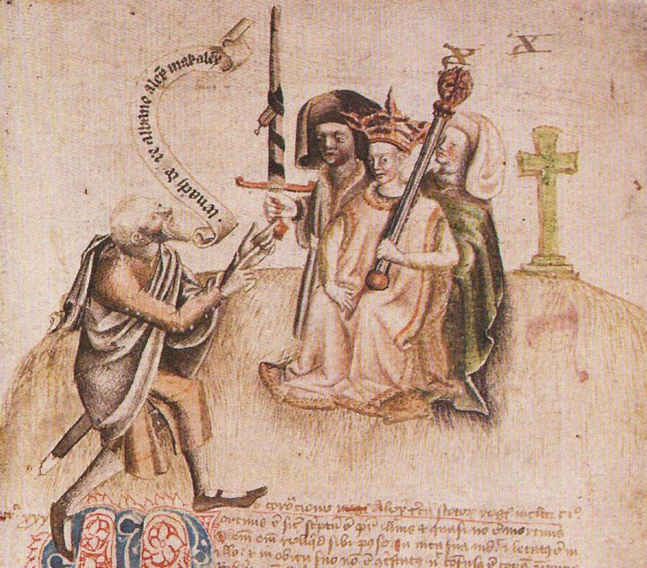 Kroning van Koning Alexander III op Moot Hill, Scone. Uit manuscript van de Scotichronicon door Walte door Unbekannt