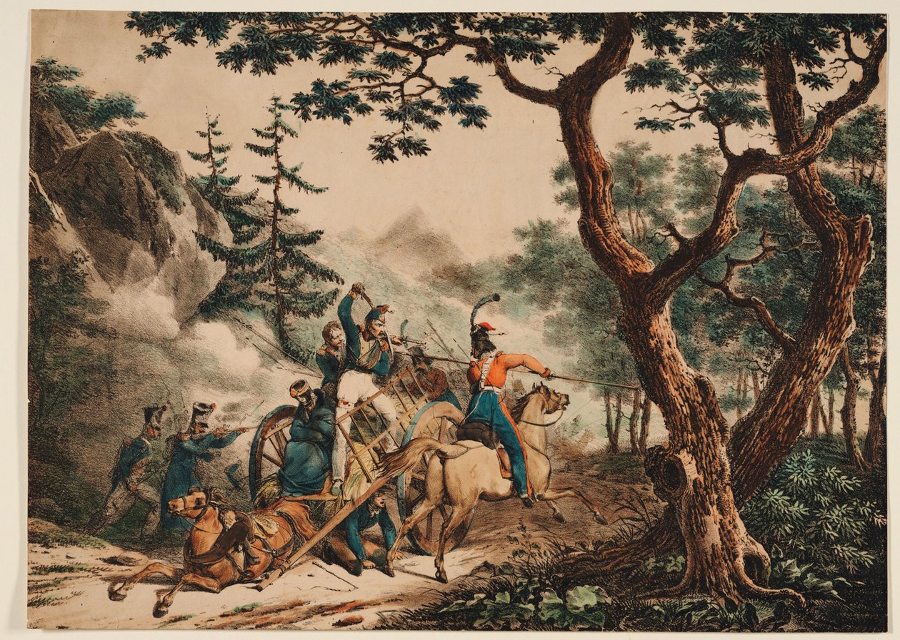 Kozakken die Franse soldaten aanvallen in een bos, 1825 door Unbekannt