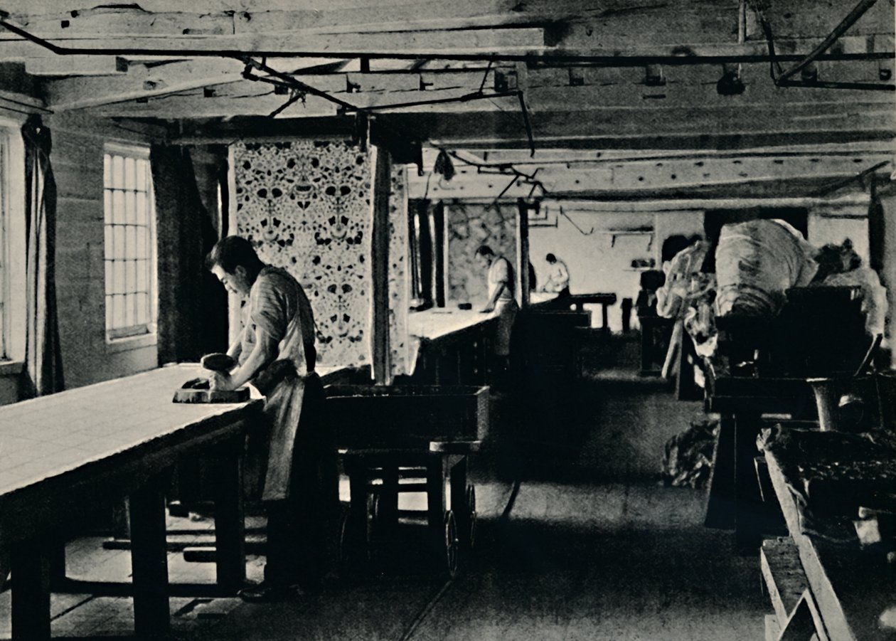 Katoenbedrukking bij Merton Abbey Works, ca. 1884 door Unbekannt