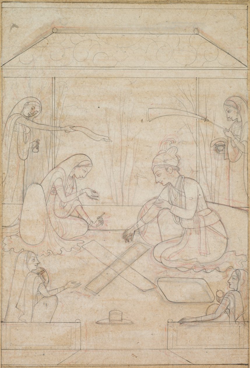 Koppel speelt Chaupar op een terras, ca. 1790-1800 door Unbekannt