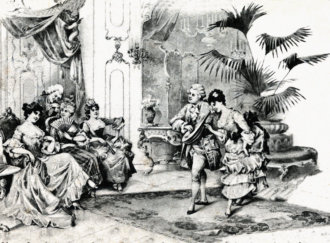 Hofdans in Rococo-kostuum. circa 1900 door Unbekannt