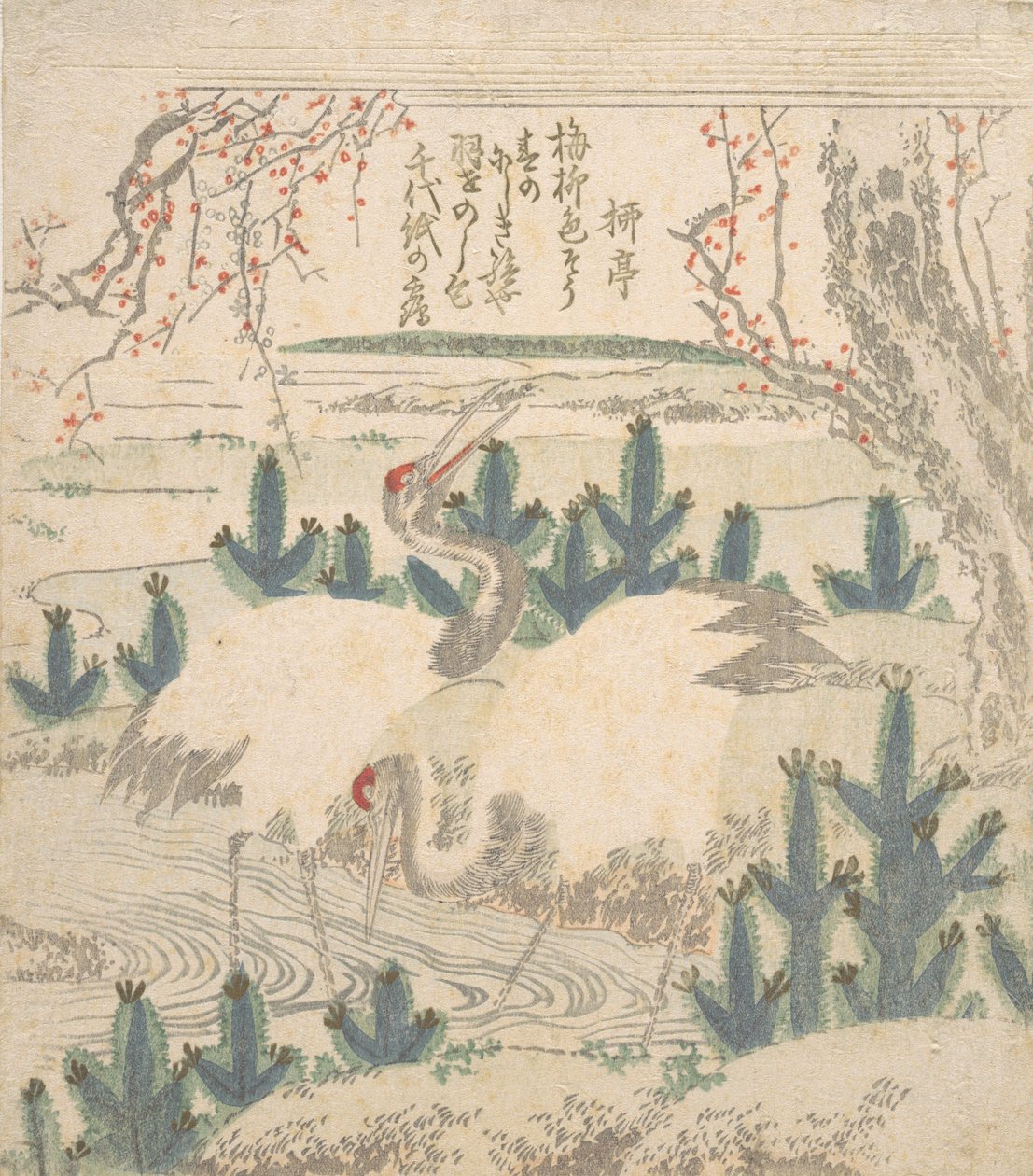 Kraanvogels tussen jonge dennen bij een stroom, ca. 1830 door Unbekannt