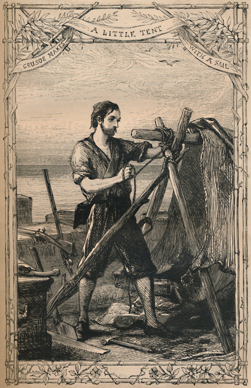 Crusoe maakt een kleine tent met een zeil, ca. 1870 door Unbekannt