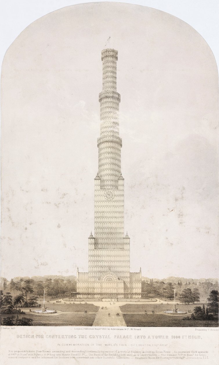Crystal Palace, na de Grote Tentoonstelling Ontwerp voor het ombouwen van het Crystal Palace tot een toren van 1000 voet hoog door Unbekannt