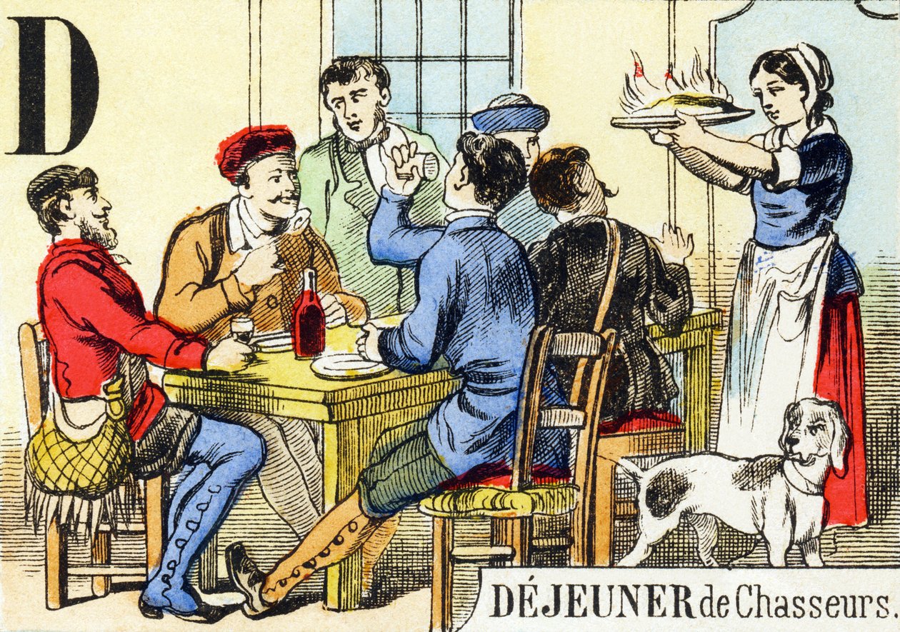 D: Jagerslunch - Het Jachtalfabet, ca. 1890 (gravure) door Unbekannt