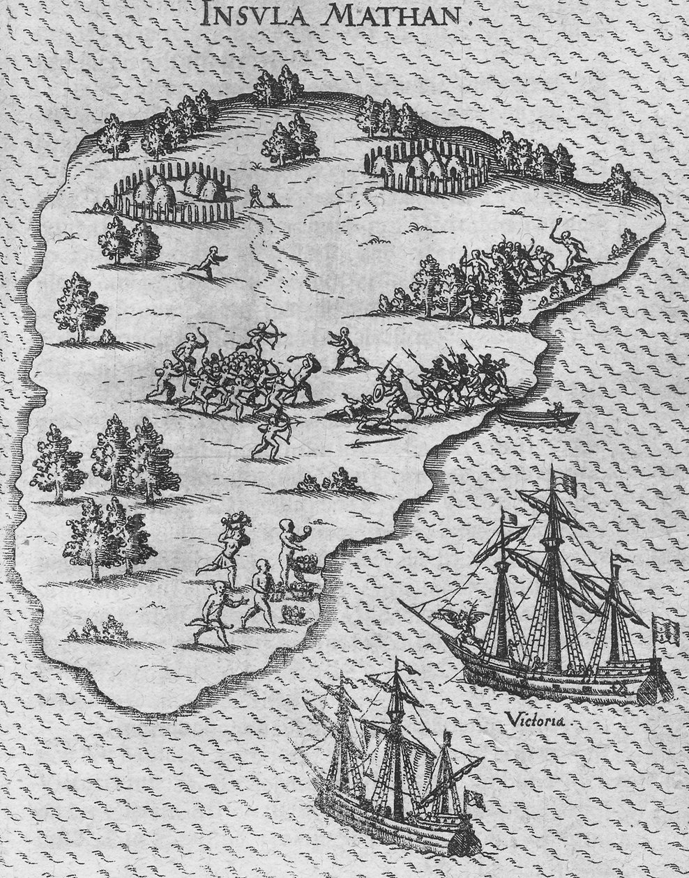 Dood van Magellan op het Filipijnse eiland Mactan. Uit Levinus Hulsiuss Beschreibung der wunde door Unbekannt