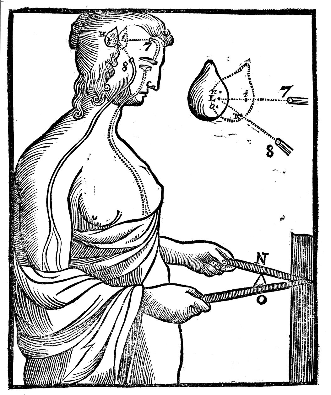 Descartes idee van hoe het oog een impuls naar de hersenen stuurt en zo een vrijwillige beweging aanstuurt, 1692 door Unbekannt