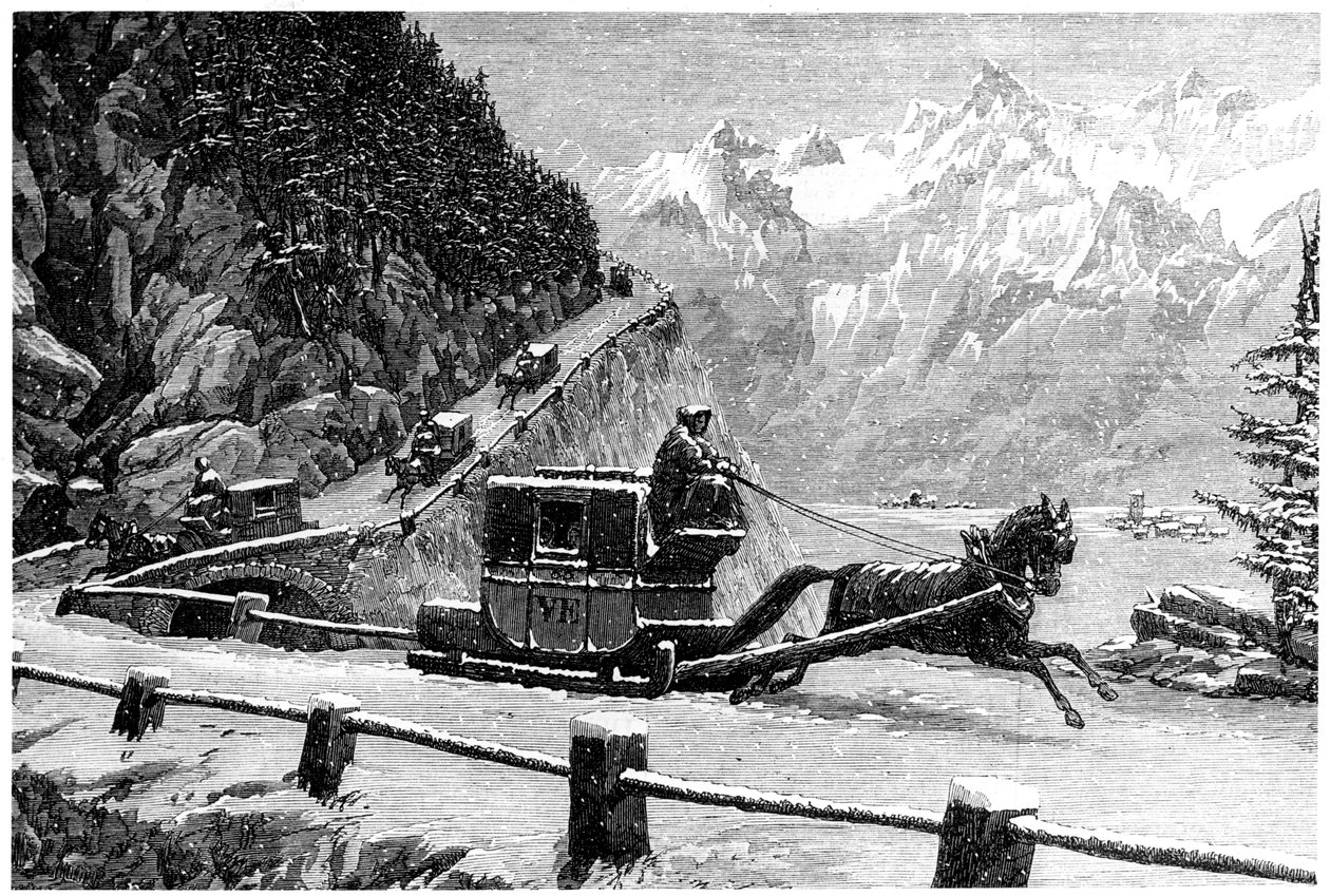 Afdaling van de Mont Cenis-pas in de winter met een paardenslee, 19e eeuw door Unbekannt