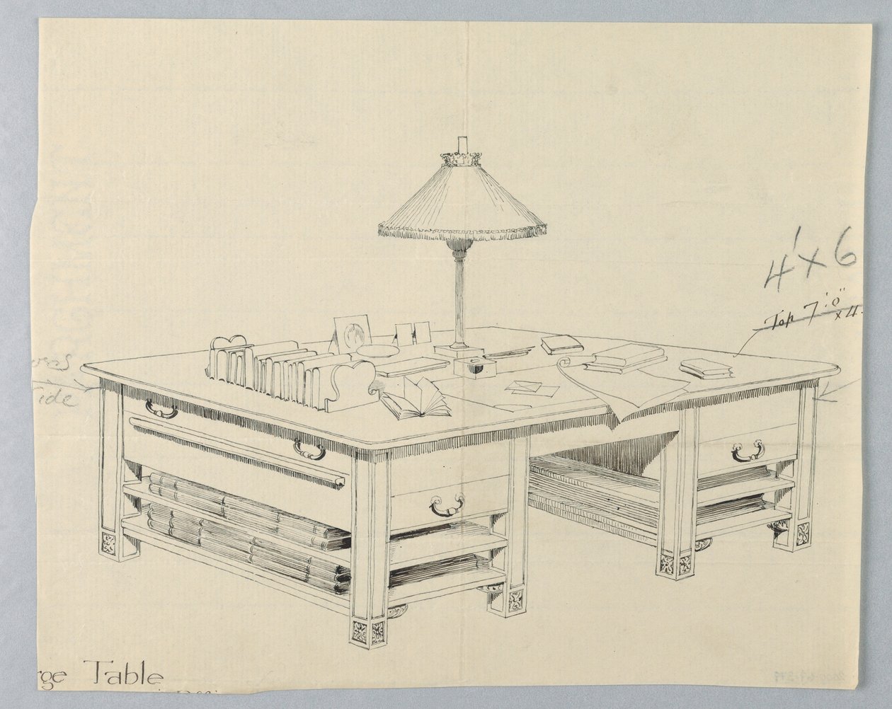 Ontwerp voor Massieve Bibliotheek Opslagtafel met Twee Open Plankrekken aan Beide Zijden, 1900–05 door Unbekannt
