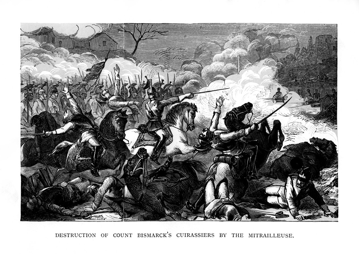 Vernietiging van de Cuirassiers van Graaf Bismarck door de Mitrailleuse, ca. 1870, 1875 door Unbekannt