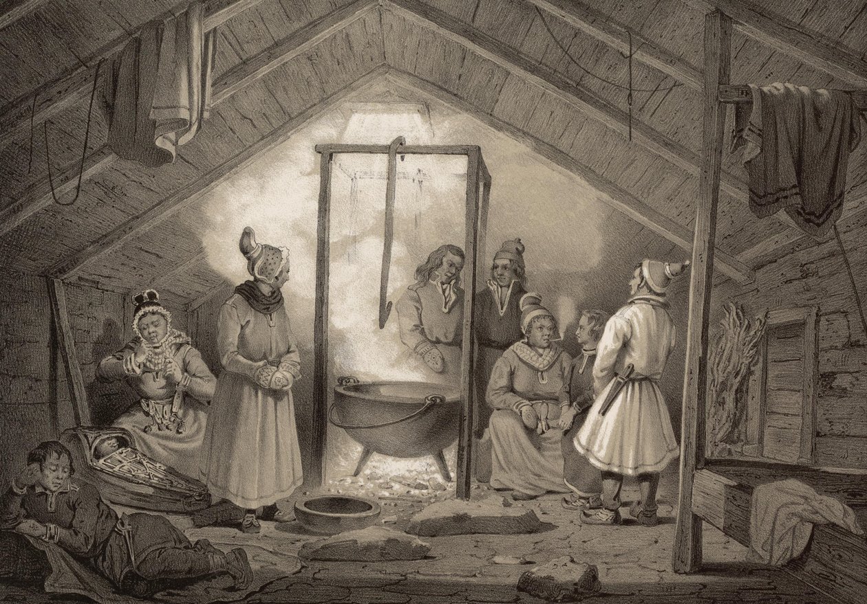 Het interieur van een boerderijhut in Finmarken. Illustratie uit het boek Noorwegen voorgesteld in tekeningen van Asbjørnsen, P.Chr. en uitgegeven door Chr. Tønsberg (no, 1848) door Unbekannt