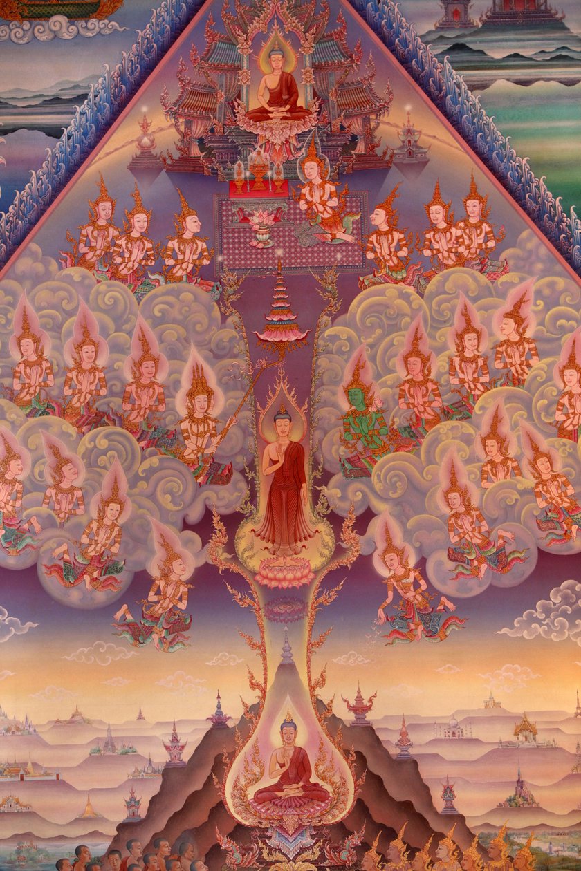 Detail van een muurschildering in de Uposatha (heiligdom) van de Buddhapadipa-tempel, Wimbledon, Groot-Brittannië door Unbekannt