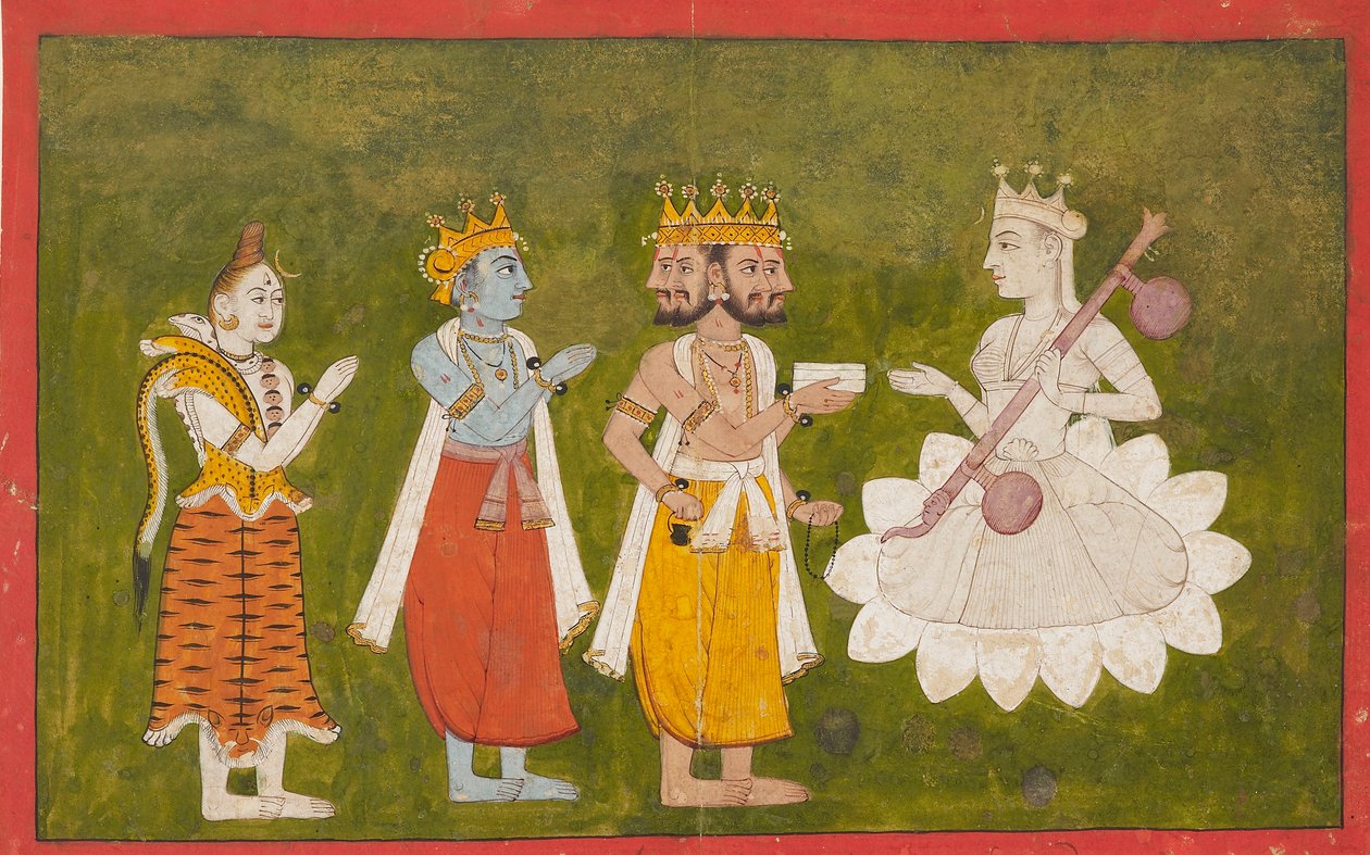 Devi vereerd door Brahma, Vishnu en Shiva, c1710 door Unbekannt