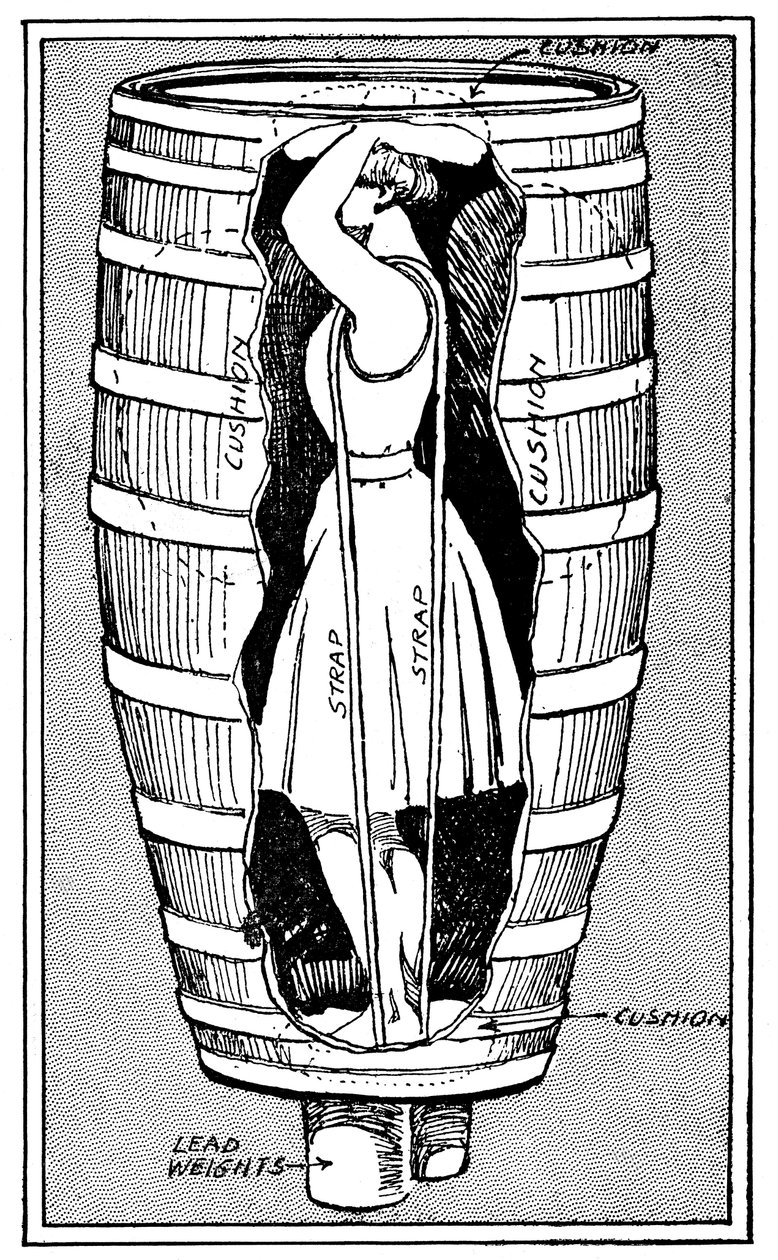 Diagram van mevrouw Anne Edson Taylor in het vat waarin ze over de Niagara Falls stortte, 1901 door Unbekannt