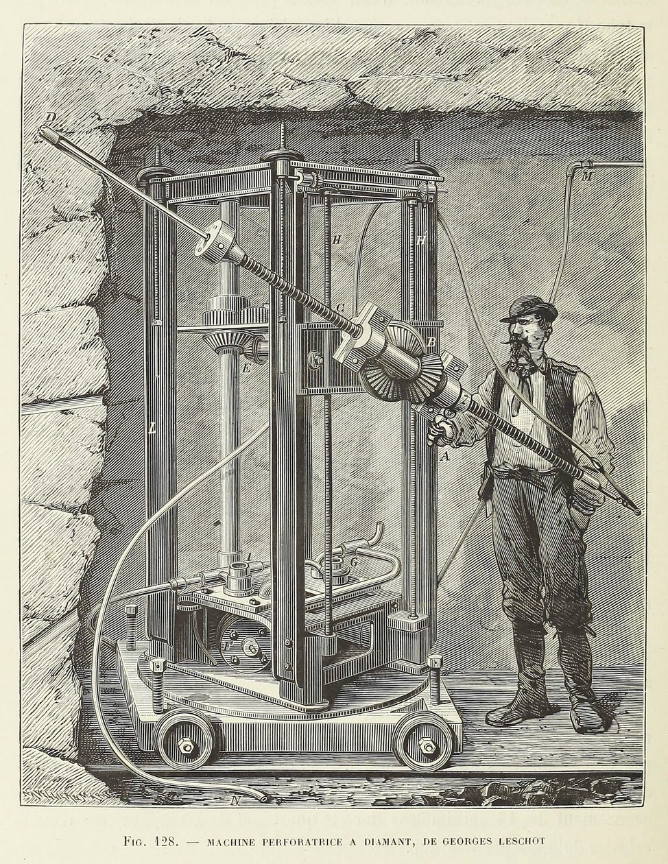Diamantboormachine ontworpen door Georges Leschot, uitgegeven 1883, gravure, 1883 door Unbekannt