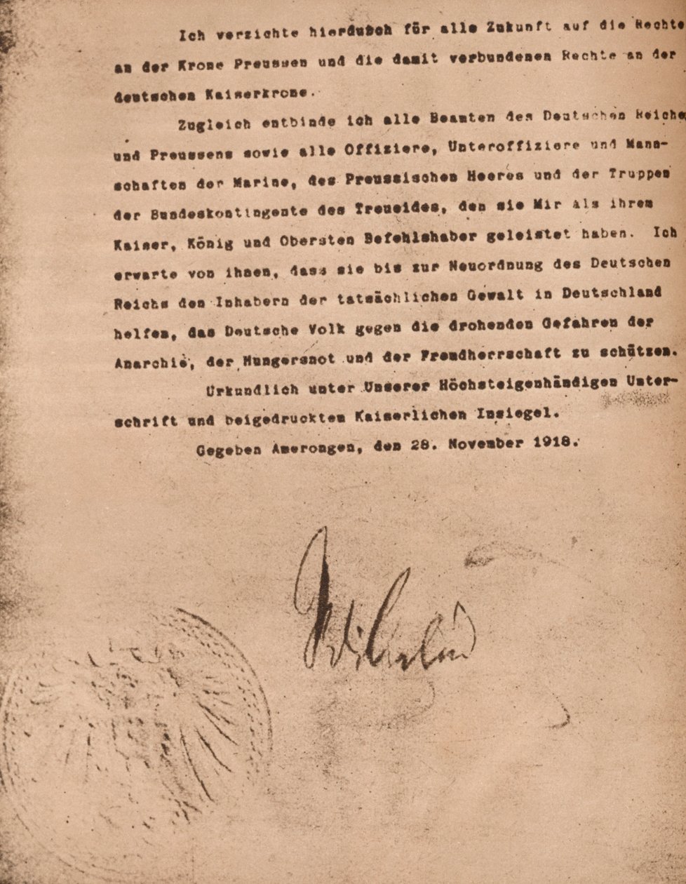 Document ter bevestiging van de troonsafstand van keizer Wilhelm II van Duitsland, 9 november 1918, 1935 door Unbekannt
