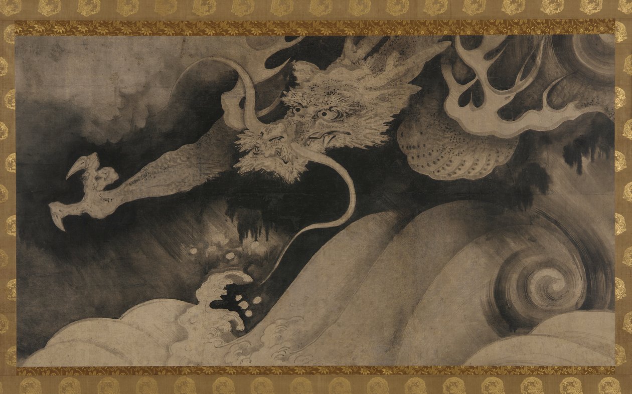 Draak, golven en wolken, Momoyama periode, 1568-1615 door Unbekannt