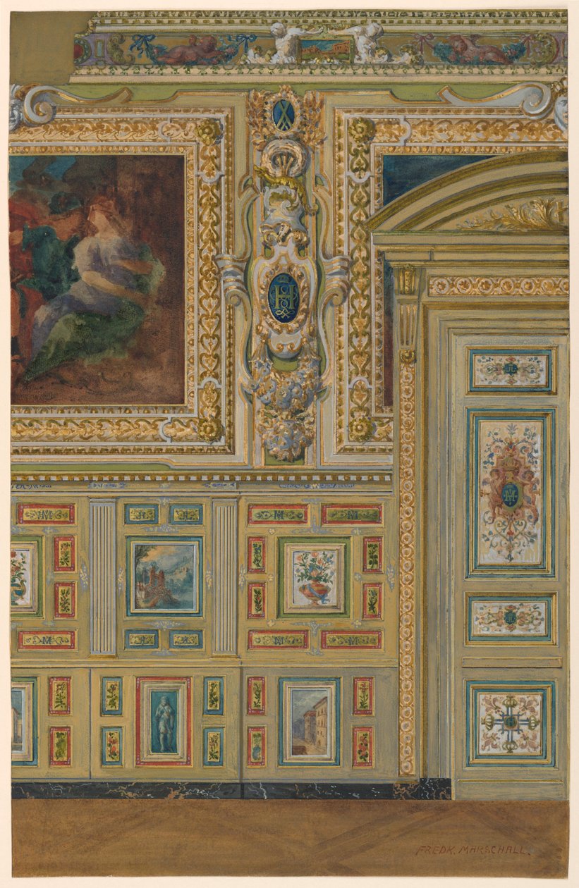 Doorsnede van een muur met groepen geschilderde panelen, Oval Chamber, Salon Louis XIV, Paleis van Fontainebleau, Frankrijk door Unbekannt