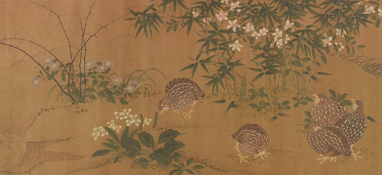 Eenden, bloemen en kwartel, Ming-dynastie, 1368-1644 door Unbekannt