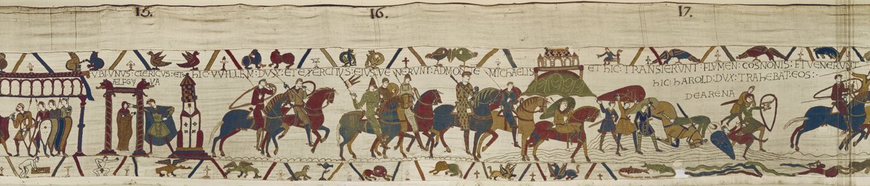 Hertog Willem leidt zijn leger naar Bretagne waar Harold dapper soldaten redt uit het drijfzand, Tapijt van Bayeux door Unbekannt