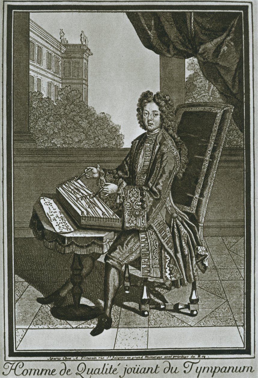 Dulcimer tympanum, Franse gravure uit de zeventiende eeuw, 1948 door Unbekannt
