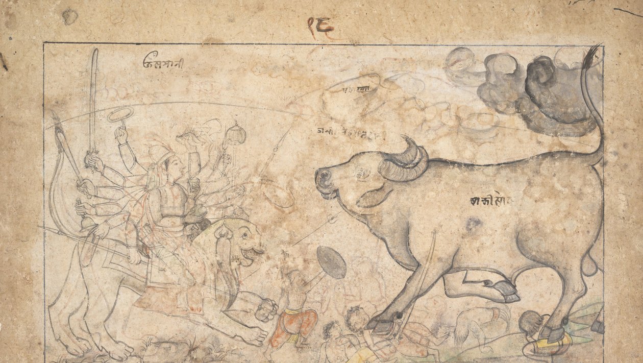 Durga confronteert de buffeldemon Mahisha: scène uit de Devi Mahatmya, ca. 1780 door Unbekannt